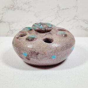 Vintage Studio Pottery Flower Frog Vase Brown Blue Southwestern Clay Signed 1968